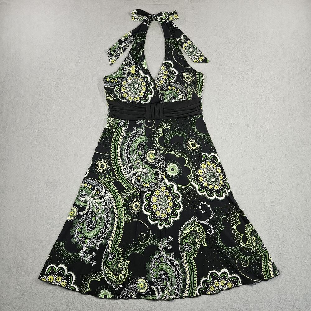 Vintage Y2K Floral Halter Neck Babydoll Dress Sz Small Black Green Retro Paisley